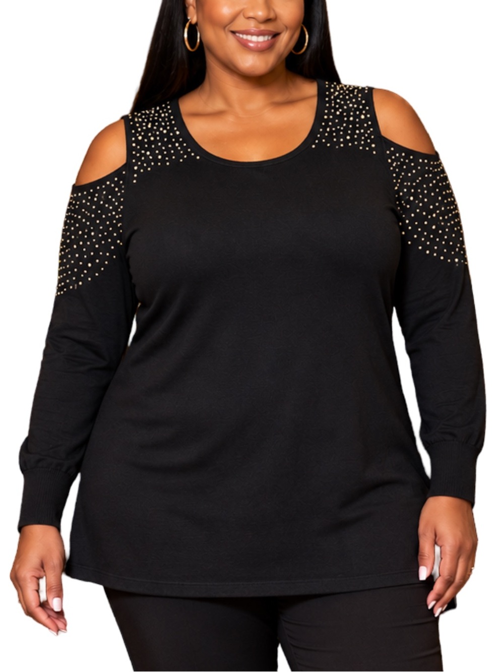 Questions Black Gold-Dot Cold-Shoulder Tunic Top Size 2X